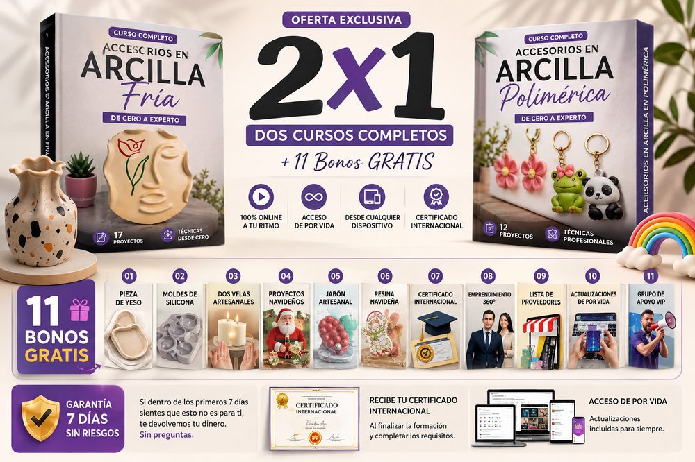 Curso Accesorios en Arcilla Fría y Polimérica: dos cursos completos con 11 bonos